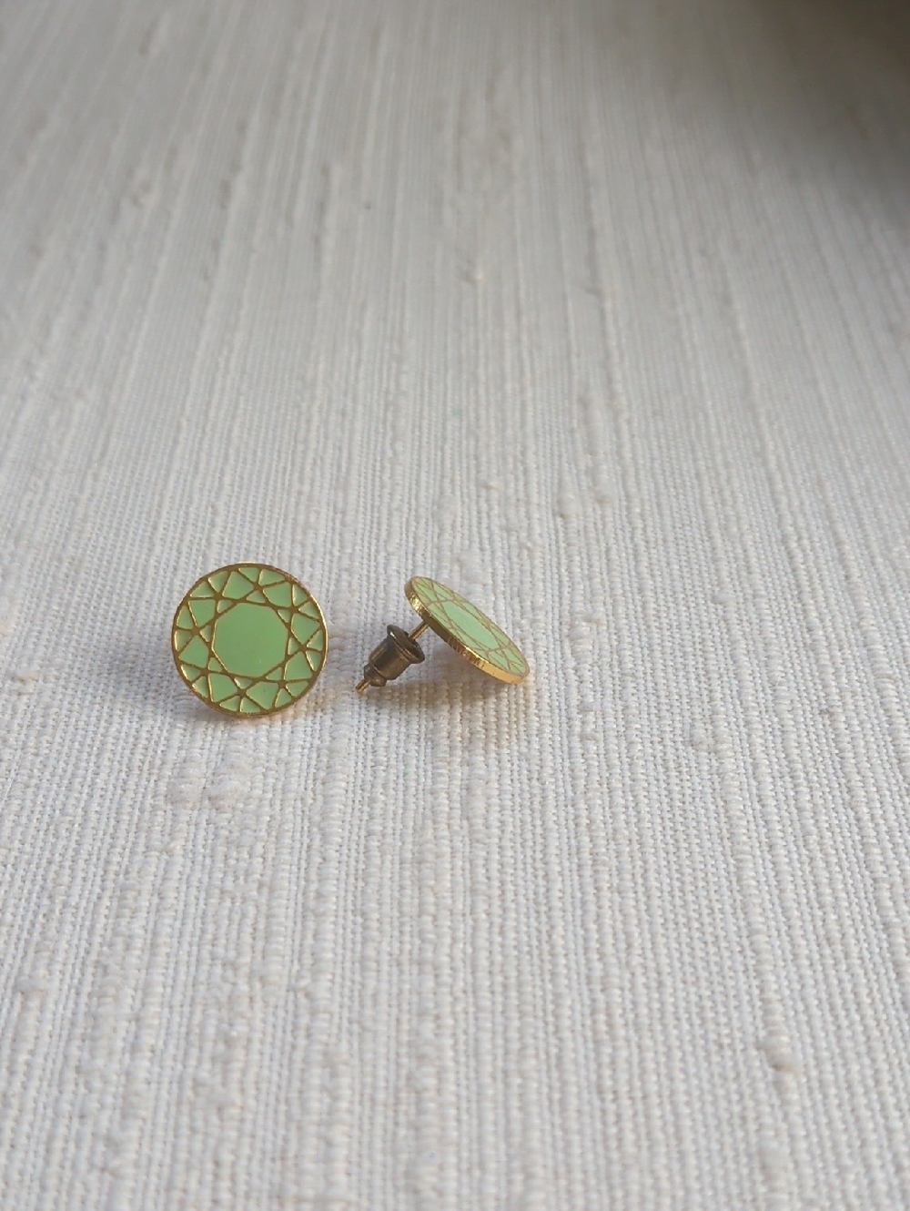 Gold-Trim Mint Green Round Enamel Stud Earrings - Women Jewelry